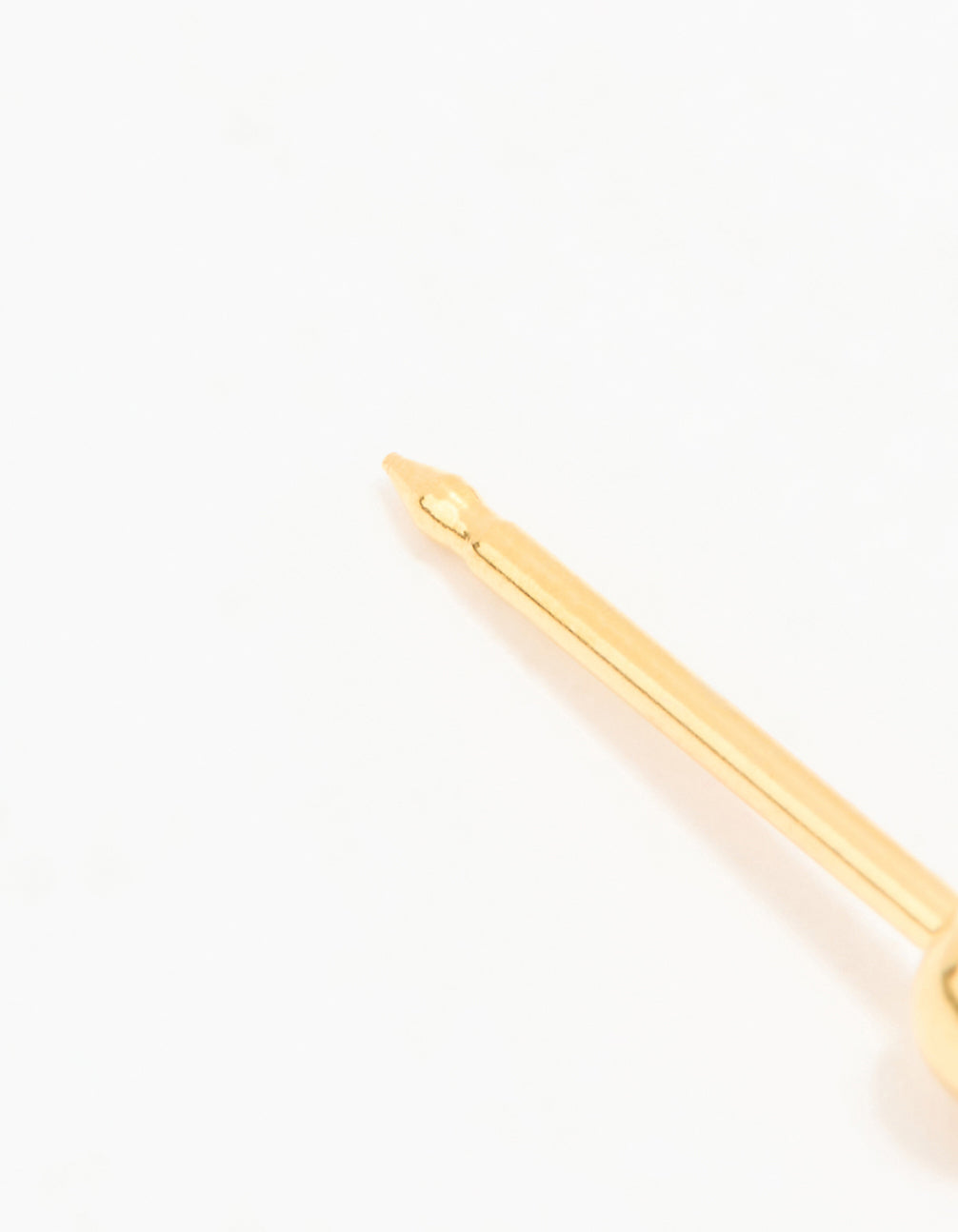 Highlighting a ball design crafted from 24K gold plated surgical stainless steel with stud closure detail view