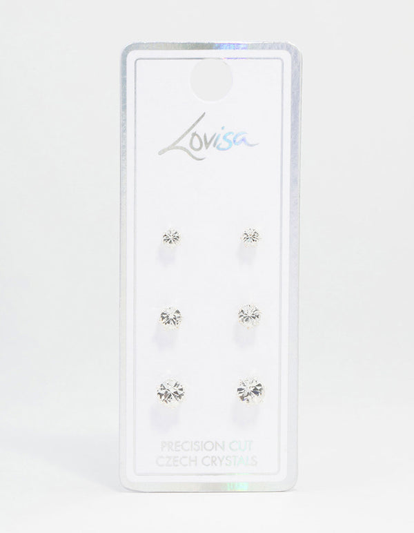 Silver Plated Hexagon Czech Bohemia Crystal Stud Earrings 3-Pack