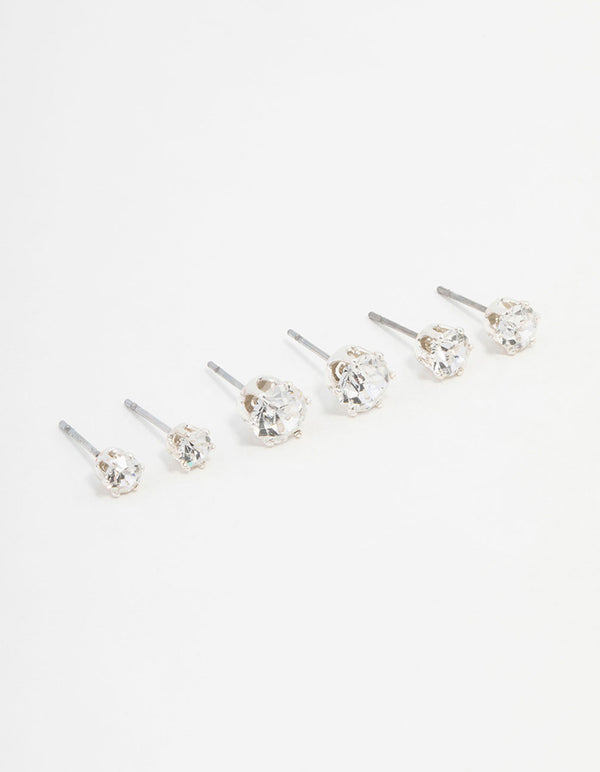 Silver Plated Hexagon Czech Bohemia Crystal Stud Earrings 3-Pack