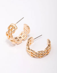 Gold Rectangular Link Huggie Hoop Earrings - link has visual effect only