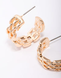 Gold Rectangular Link Huggie Hoop Earrings - link has visual effect only