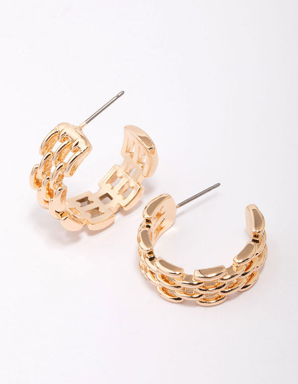Gold Rectangular Link Huggie Hoop Earrings