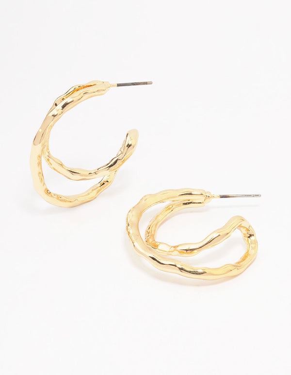 Gold Textured Cross Over Hoop Earrings