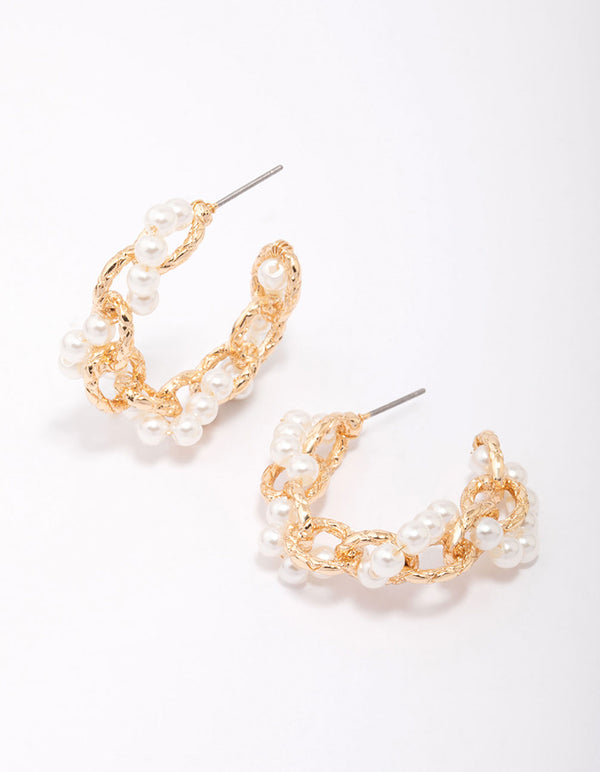 Gold Interlocking Pearl Hoop Earrings