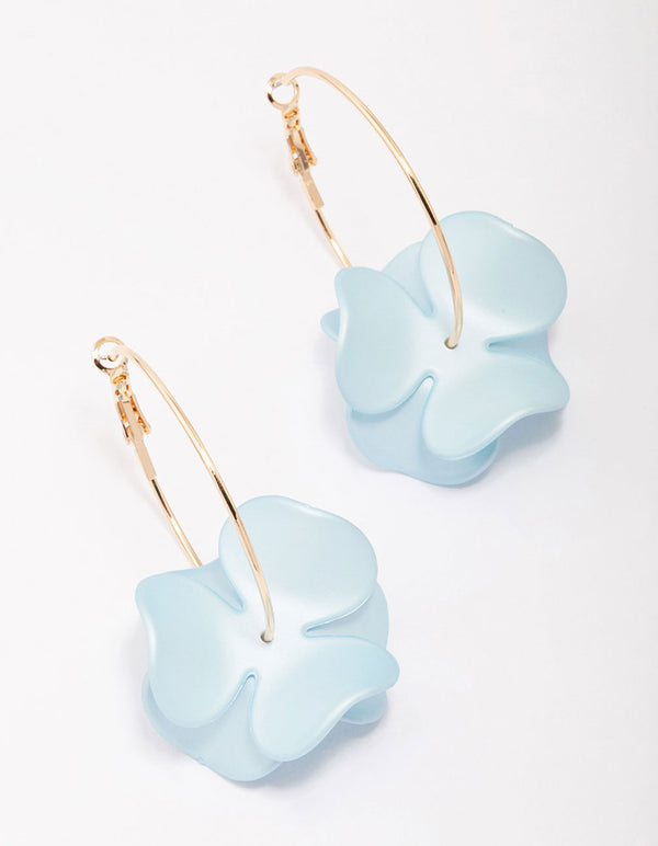 Gold Blue Iridescent Flower Hoop Earrings