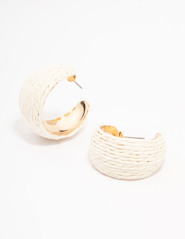 Gold Wide Cream Wrapped Fabric Hoop Earrings