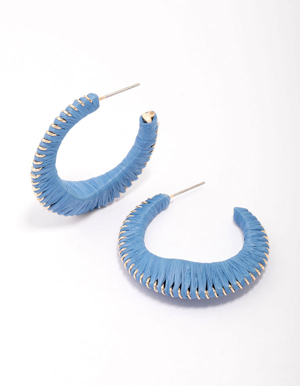 Blue Medium Fabric C-Shaped Hoop Earrings