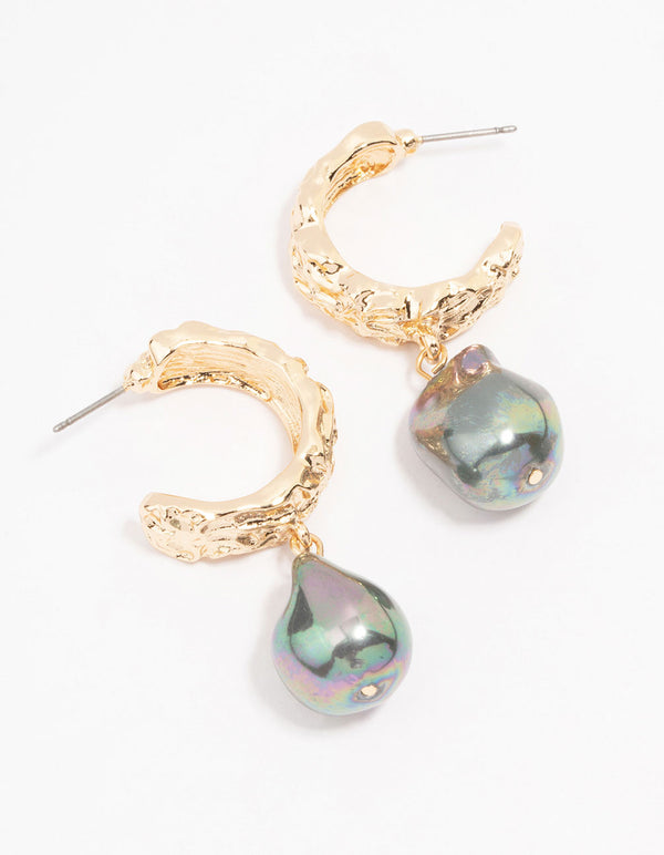 Gold Wide Holographic Pearl Drop Earrings