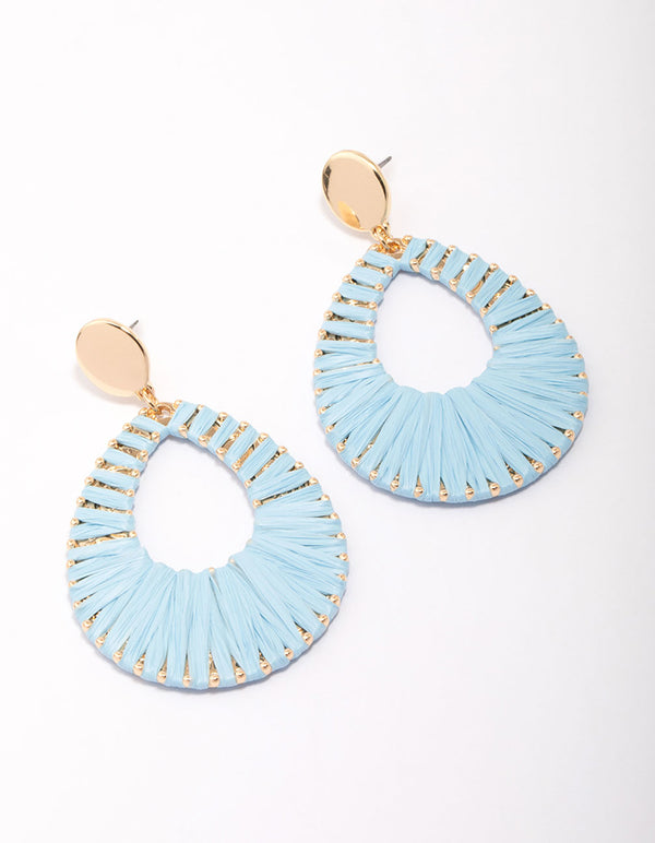 Gold & Blue Raffia Oval Drop Earrings
