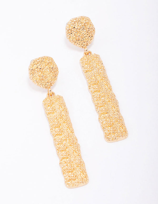 Gold Long Rectangular Textured Drop Earrings