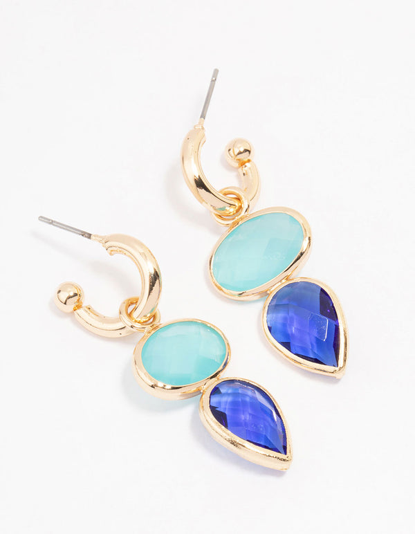 Gold Blue Organic Stone Drop Earrings