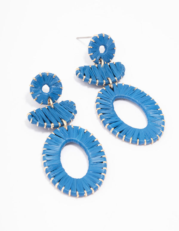 Blue Fabric Wrapped Oval Drop Earrings