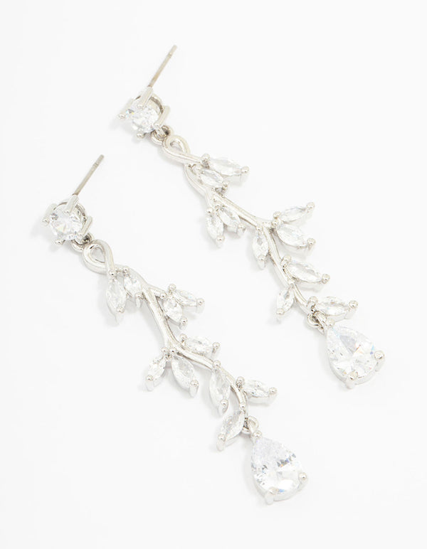 Silver Cubic Zirconia Vine Leaf Drop Earrings