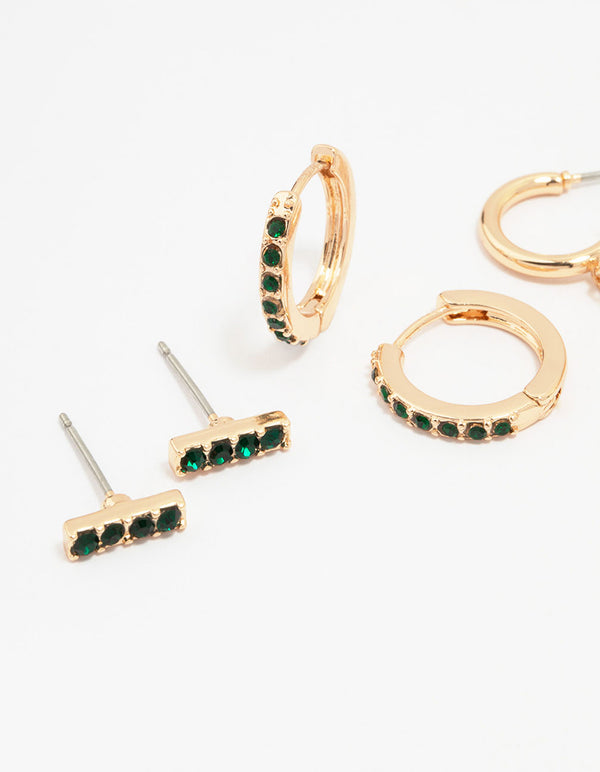 Gold Emerald Stud Earrings 3-Pack