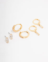 Gold Plated Brass Baguette Stud & Huggie Earring 3-Pack - link has visual effect only