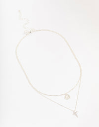 Silver Plated Brass  Cubic Zirconia Cross Coin Layered Necklace - link has visual effect only
