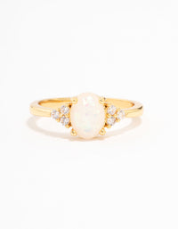 Elegant gold plated mystical oval ring featuring dainty design with ivory white stone setting front view - link has visual effect only