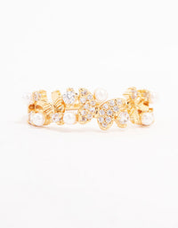 Beautifully designed butterfly pearl band ring crafted from gold plated metal with cubic zirconia in dainty style close up view - link has visual effect only