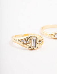 Featuring gold plated baguette signet stacking ring pack with cubic zirconia close up view - link has visual effect only