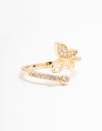 Showcasing a gold plated butterfly cubic zirconia wrapped ring side detail view - link has visual effect only