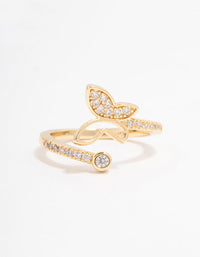 Featuring a gold plated butterfly cubic zirconia wrapped ring front view - link has visual effect only