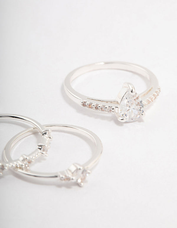 Elegant silver plated stacking ring in a 3-pack featuring crystal embellishments close up view