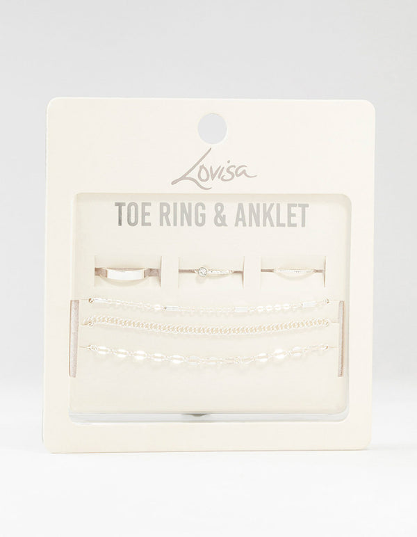 Silver Dumbell Anklet & Toe Rings Set