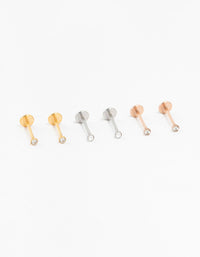 Mixed Metal Plated Surgical Steel Mini Diamante Threadless Flat Back Studs 6-Pack - link has visual effect only