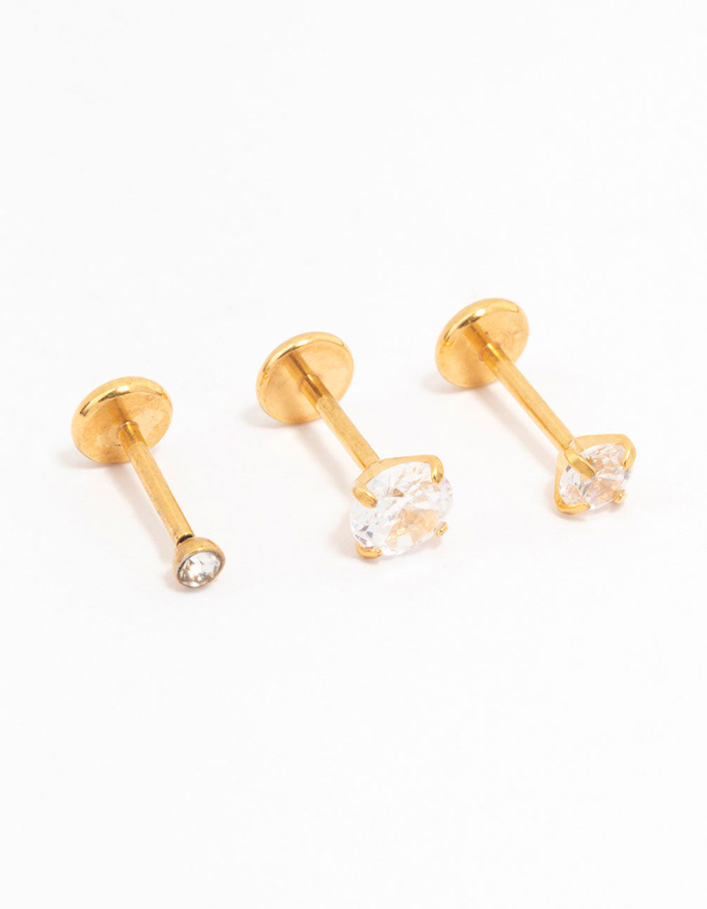 Gold Plated Surgical Steel Cubic Zirconia Threadless  Flat Back Studs  3-Pack