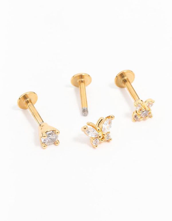 Gold Plated Surgical Steel Butterfly Flower Flat Back Earrings 3-Pack