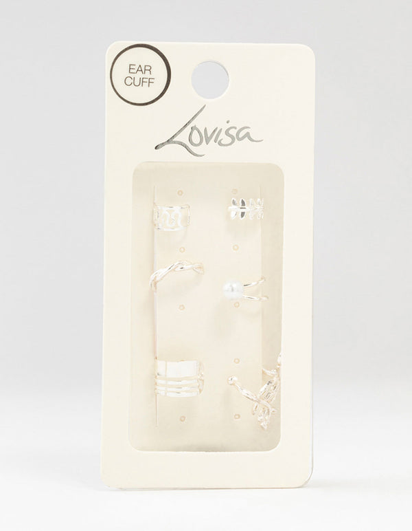 Silver Leaf & Pearl Mixed Ear Cuffs 6-Pack