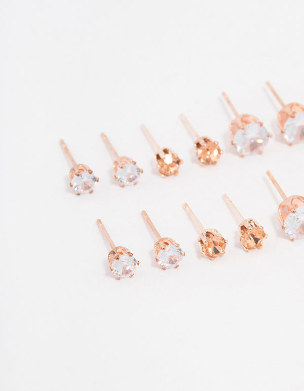 Rose Gold Basic Diamante Stud Earrings 8-Pack