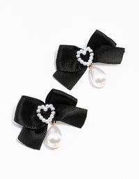 Black Fabric Pearl Heart Bow Stud Earrings - link has visual effect only
