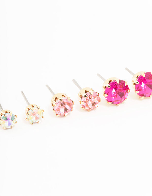 Gold Pink Diamante Stud Earrings 3-Pack
