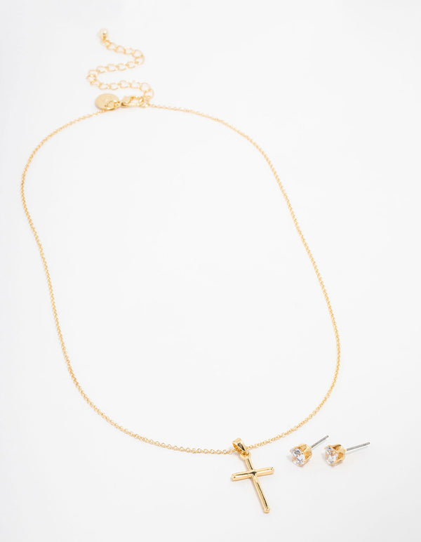 Gold Plated Cubic Zirconia Plain Cross Necklace & Stud Earrings