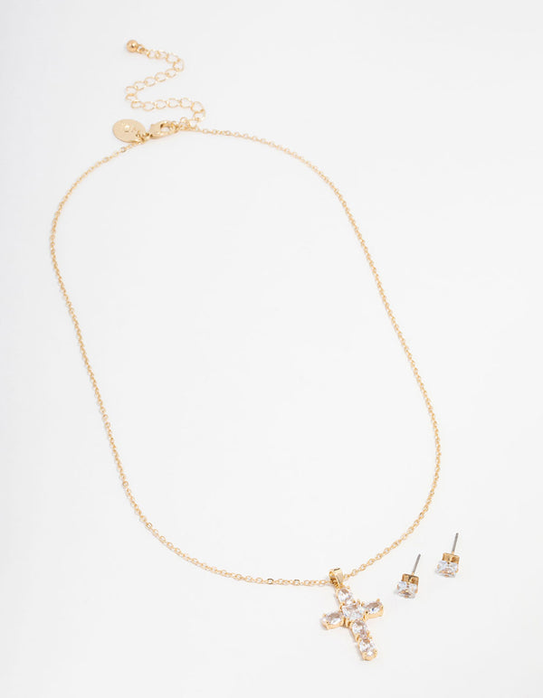 Gold Plated Cubic Zirconia Square Cross Necklace & Stud Earrings Set