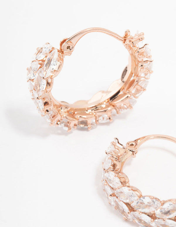 Rose Gold Plated Cubic Zirconia Marquise Herring Hoop Earrings