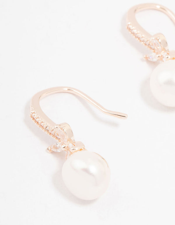 Rose Gold Plated Cubic Zirconia Pave Flower & Pearl Hook Earrings