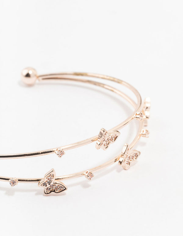 Rose Gold Plated Cubic Zirconia Double Row Butterfly Wrist Cuff