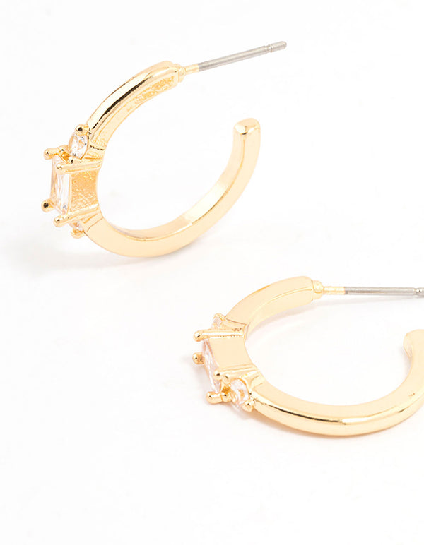 Gold Plated Cubic Zirconia Baguette Stud & Hoop Earrings 2-Pack