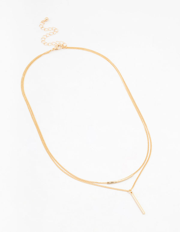 Gold Double Chain Bar Necklace