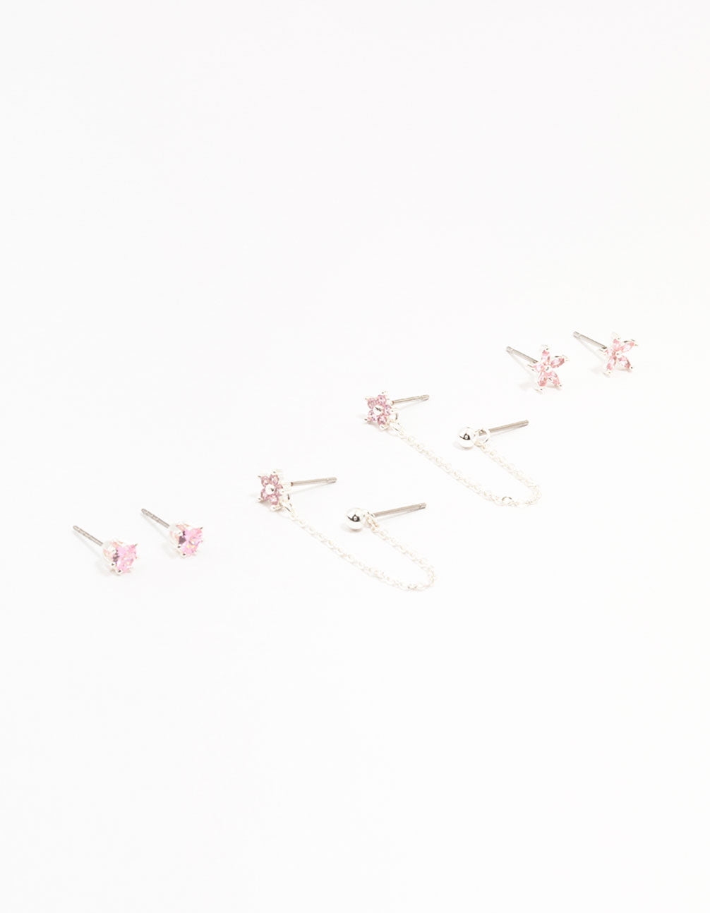 Beautifully designed silver plated brass heart flower chain earrings in a 3-pack featuring floral charm accents with pink and silver tones front view
