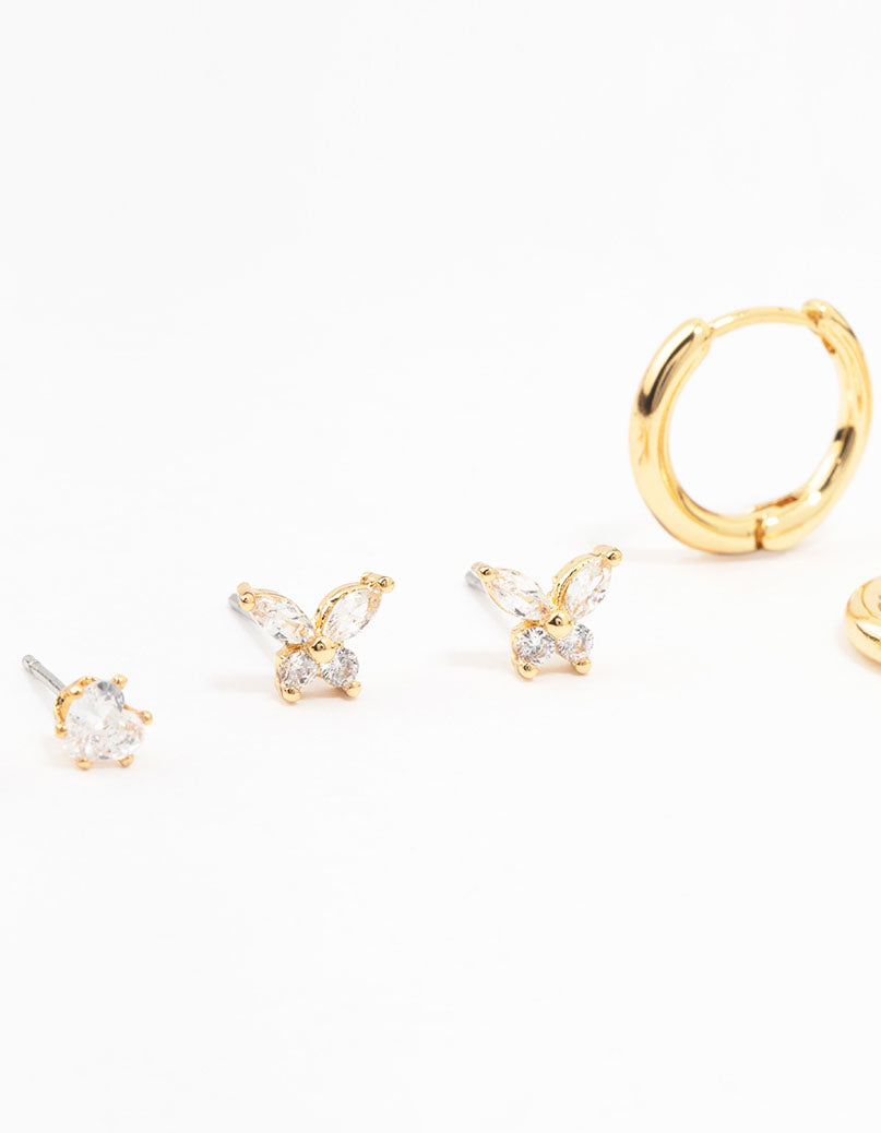 Gold Plated Brass Pave Star & Butterfly Earrings 4-Pack