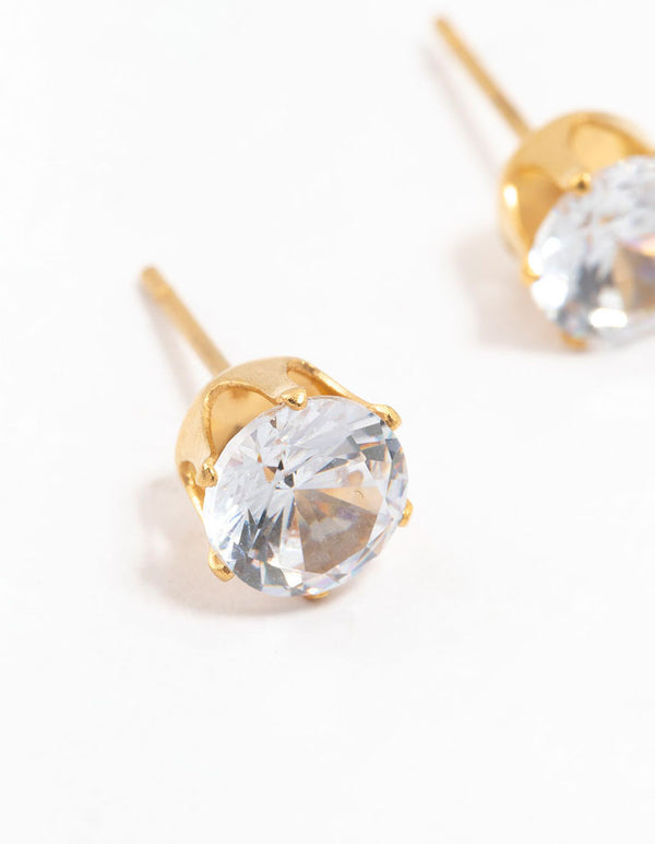 Waterproof Gold Plated Stainless Steel Cubic Zirconia Stud Earrings 7 MM