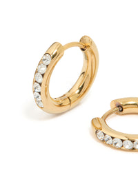 Waterproof Gold Plated Stainless Steel Round Diamante Clicker Hoop Earrings - link has visual effect only