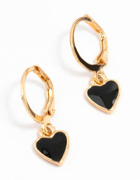 Gold Drop Heart Huggie Earrings Black - link has visual effect only