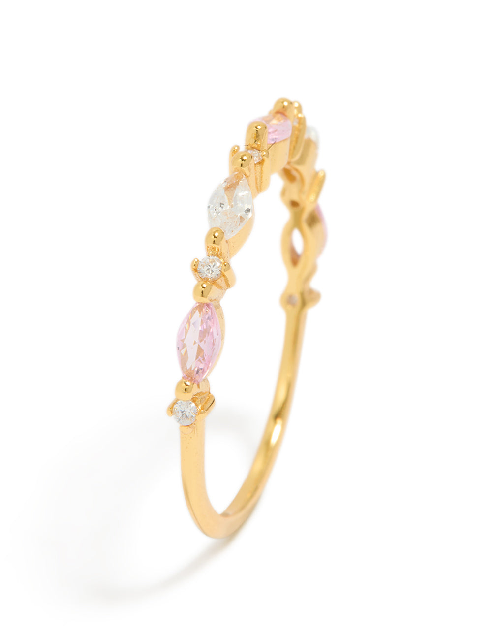 Highlighting this gold plated sterling silver ring with alternating marquise and round cubic zirconia side detail view