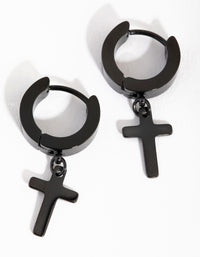 Black Coated Surgical Steel Cross Huggie Earrings - link has visual effect only