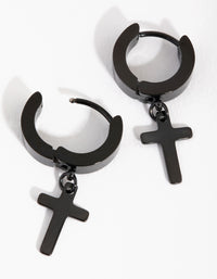Black Coated Surgical Steel Cross Huggie Earrings - link has visual effect only
