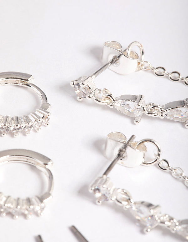 Silver Plated Cubic Zirconia Pear Chain Earrings 6-Pack